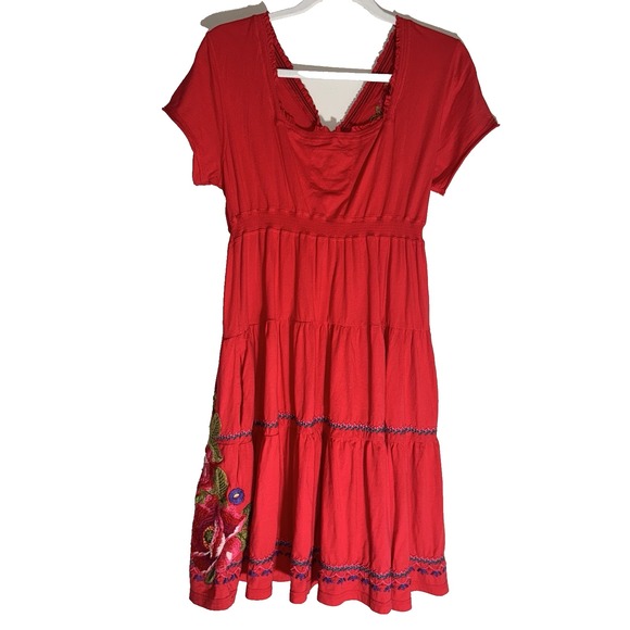 NWT Johnny Was Embroidered Cotton Dress Red MEDIUM Boho Babydoll Tier - Picture 14 of 16